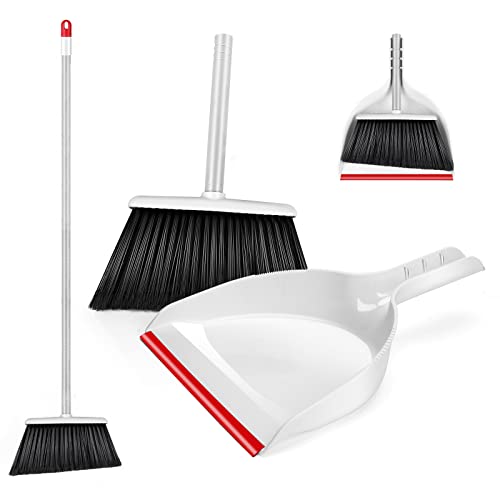 Gadhra Broom and Dustpan Set, Indoor Broom with Dust pan Combo Set, Handheld Dust Pan and Long Handle Angle Broom, Stainless Steel Handle Broom for Home, Kitchen, Office Lobby Floor White and Red