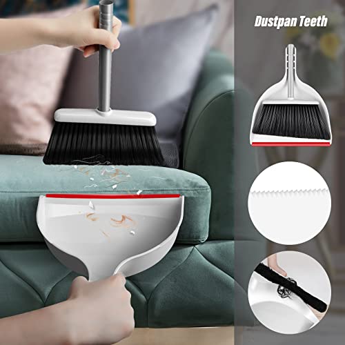 Gadhra Broom and Dustpan Set, Indoor Broom with Dust pan Combo Set, Handheld Dust Pan and Long Handle Angle Broom, Stainless Steel Handle Broom for Home, Kitchen, Office Lobby Floor White and Red