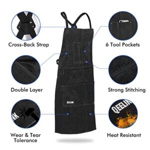 QeeLink Leather Welding Apron with 6 Pockets - Heat & Flame-Resistant Apron, 24'' X 42'', Adjustable M to XXXL (Black)