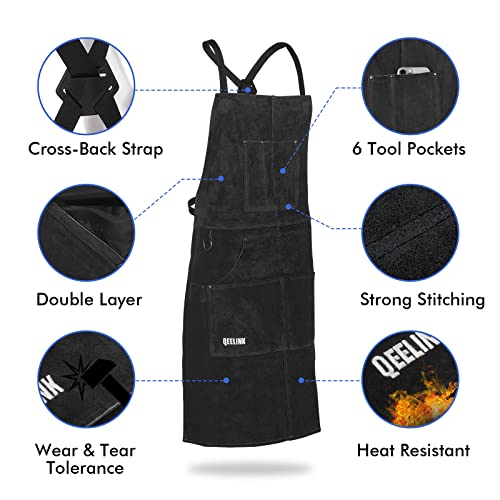 QeeLink Leather Welding Apron with 6 Pockets - Heat & Flame-Resistant Apron, 24'' X 42'', Adjustable M to XXXL (Black)