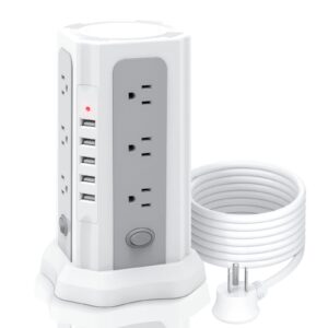 power strip tower surge protector with 5 usb ports, 12 multiple outlets, 6.5 ft flat plug extension cord, 13a 1050j overload protection, desktop charging station for home office dorm room