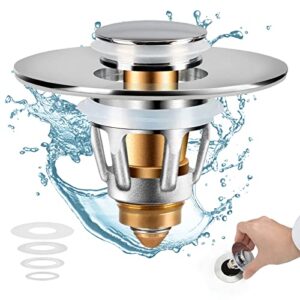 universal bathroom sink stopper, stainless pop up sink drain strainer, brass bounce core, wash basin sink drain filter with hair catcher, push type bathtub stopper sink plug for 1.1-1.5”drain hole