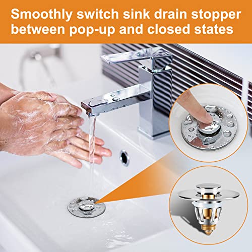 Universal Bathroom Sink Stopper, Stainless Pop Up Sink Drain Strainer, Brass Bounce Core, Wash Basin Sink Drain Filter with Hair Catcher, Push Type Bathtub Stopper Sink Plug for 1.1-1.5”Drain Hole