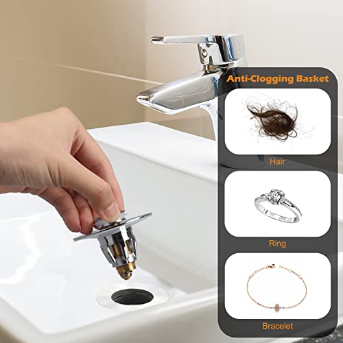 Universal Bathroom Sink Stopper, Stainless Pop Up Sink Drain Strainer, Brass Bounce Core, Wash Basin Sink Drain Filter with Hair Catcher, Push Type Bathtub Stopper Sink Plug for 1.1-1.5”Drain Hole