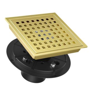 bmvlffs square shower floor drain 6 inch brushed gold, sus 304 stainless steel with flange, removable cover quadrato patten grate, includes hair strainer
