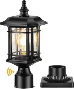 vianis dusk to dawn post lights outdoor, black post lantern with pier mount base, exterior lamp post light fixture, waterproof aluminum body with tempered seeded glass for patio, garden, driveway