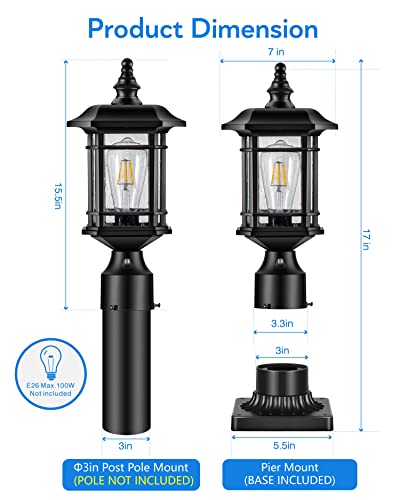 VIANIS Dusk to Dawn Post Lights Outdoor, Black Post Lantern with Pier Mount Base, Exterior Lamp Post Light Fixture, Waterproof Aluminum Body with Tempered Seeded Glass for Patio, Garden, Driveway