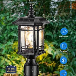 VIANIS Dusk to Dawn Post Lights Outdoor, Black Post Lantern with Pier Mount Base, Exterior Lamp Post Light Fixture, Waterproof Aluminum Body with Tempered Seeded Glass for Patio, Garden, Driveway