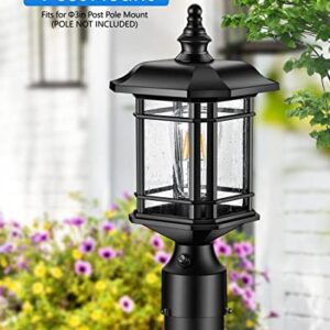 VIANIS Dusk to Dawn Post Lights Outdoor, Black Post Lantern with Pier Mount Base, Exterior Lamp Post Light Fixture, Waterproof Aluminum Body with Tempered Seeded Glass for Patio, Garden, Driveway