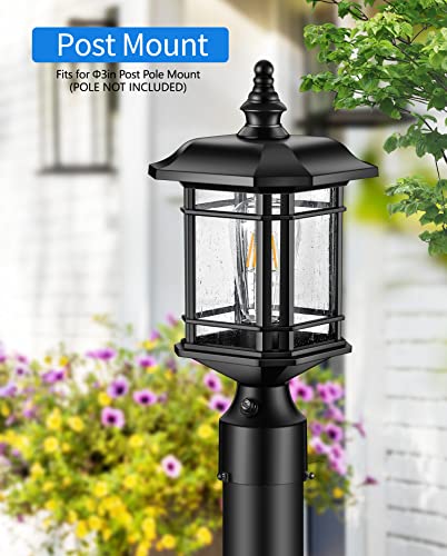 VIANIS Dusk to Dawn Post Lights Outdoor, Black Post Lantern with Pier Mount Base, Exterior Lamp Post Light Fixture, Waterproof Aluminum Body with Tempered Seeded Glass for Patio, Garden, Driveway