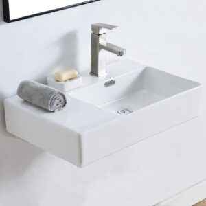 bathroom sink,white wall mounted sink,rectangle wall mount bathroom vessel sink,24"x17"modern floating or countertop porcelain ceramic washing bathroom lavatory sink,right side