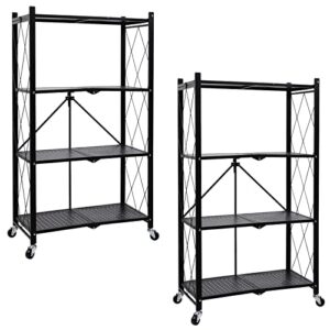 healsmart 4-tier heavy duty foldable metal rack storage shelving unit with wheels moving easily organizer shelves great for garage kitchen holds up to 1000 lbs capacity, black,2 pack