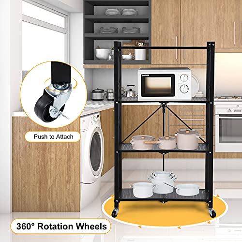 HealSmart 4-Tier Heavy Duty Foldable Metal Rack Storage Shelving Unit with Wheels Moving Easily Organizer Shelves Great for Garage Kitchen Holds up to 1000 lbs Capacity, Black,2 Pack