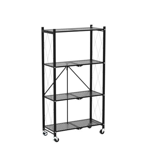 HealSmart 4-Tier Heavy Duty Foldable Metal Rack Storage Shelving Unit with Wheels Moving Easily Organizer Shelves Great for Garage Kitchen Holds up to 1000 lbs Capacity, Black,2 Pack