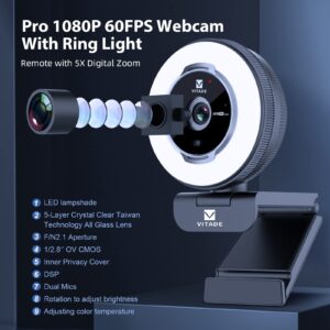 Vitade Zoomable Webcam with Remote Control, 1080P 60FPS Streaming Webcam with Ring Light and Microphone, Pro USB Webcam with 5X Digital Zoom Built in Privacy Cover for Zoom/Skype Teams/PC/Laptop/Mac