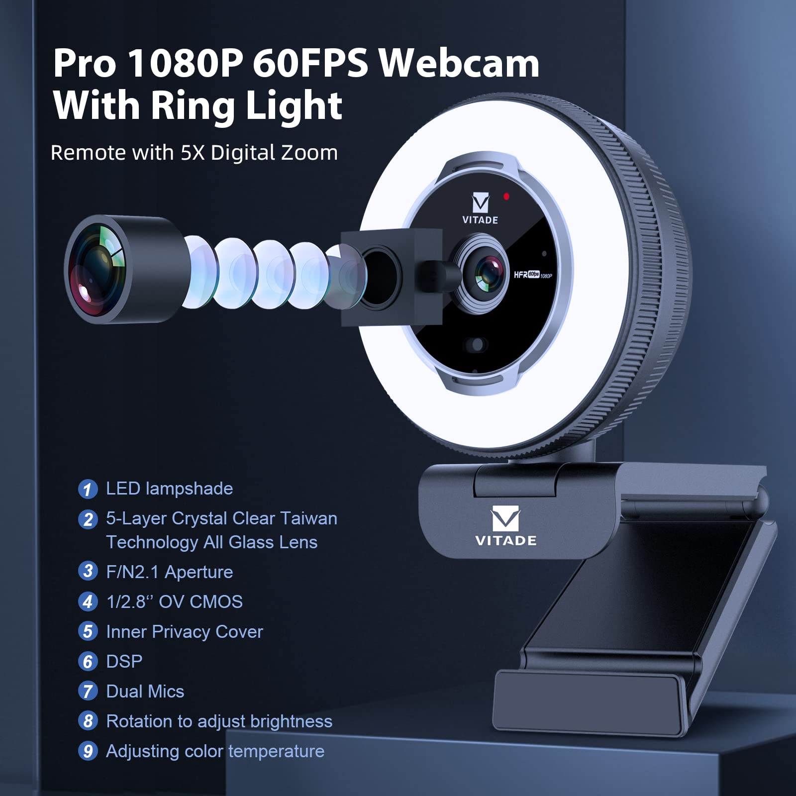 Vitade Zoomable Webcam with Remote Control, 1080P 60FPS Streaming Webcam with Ring Light and Microphone, Pro USB Webcam with 5X Digital Zoom Built in Privacy Cover for Zoom/Skype Teams/PC/Laptop/Mac