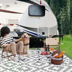 rvguard outdoor rugs, reversible patio mat 9 x 12 ft, waterproof camping rugs for indoor/outdoor, patio, rv, picnic, beach, backyard, deck, black & white