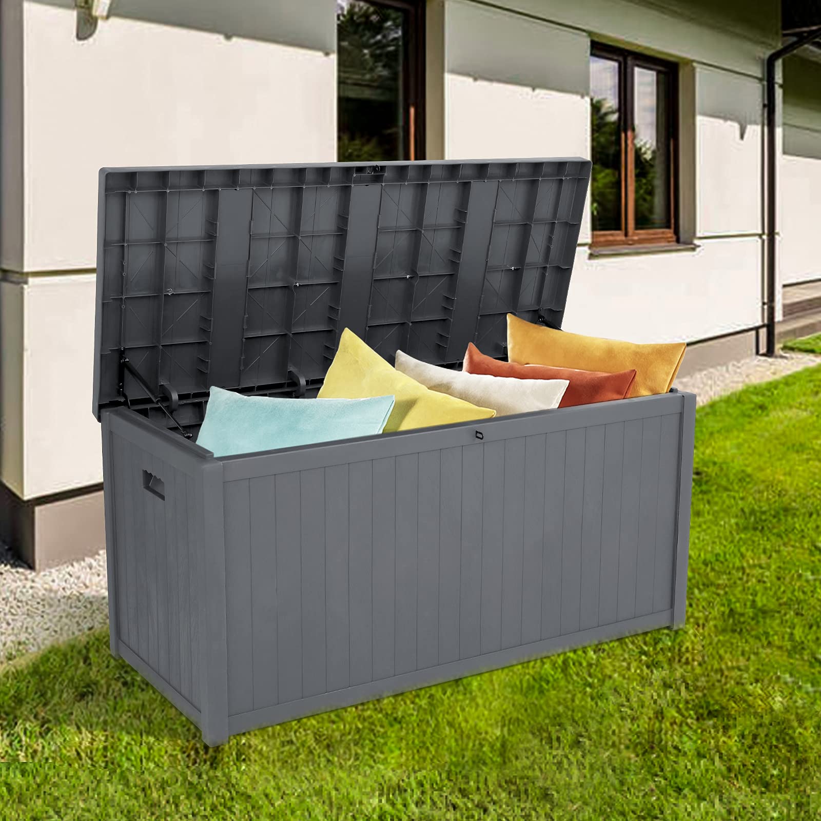Outvita Outdoor Patio Garden Deck Storage Box, 113 Gallon Durable Storage Container Bin for Patio Cushions, Pool Toys and Yard Stools (Gray)