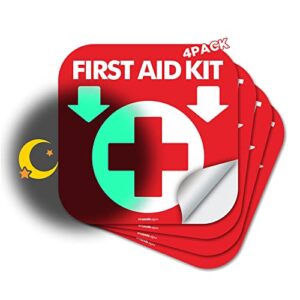 first aid kit sign glow in the dark 4 pack 6"x 6"first aid kit inside signs stickers photoluminescent, glows for up to 8 hours