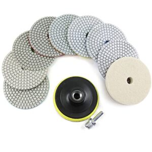 30-10000 grit 4 inch diamond polishing pads kit 11pcs, wet & dry countertop polish pad for concrete granite marble stone, 5/8-11’’ thread backing plate with drill adapter for grinder, drill & polisher