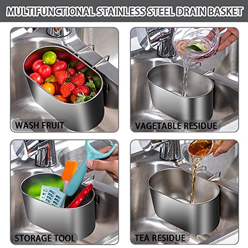 Stainless Steel Sink Drain Strainer Basket, Multifunctional Hanging Sink Strainer Colander Drain Basket for Filter Food Waste and Wash Fruits or Vegetables (Silver)