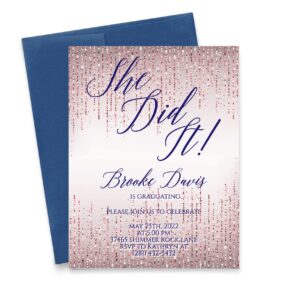 elegant rose gold graduation party invitations personalized she did it graduation party invites, grad party invite for girls, your choice of quantity and envelope color
