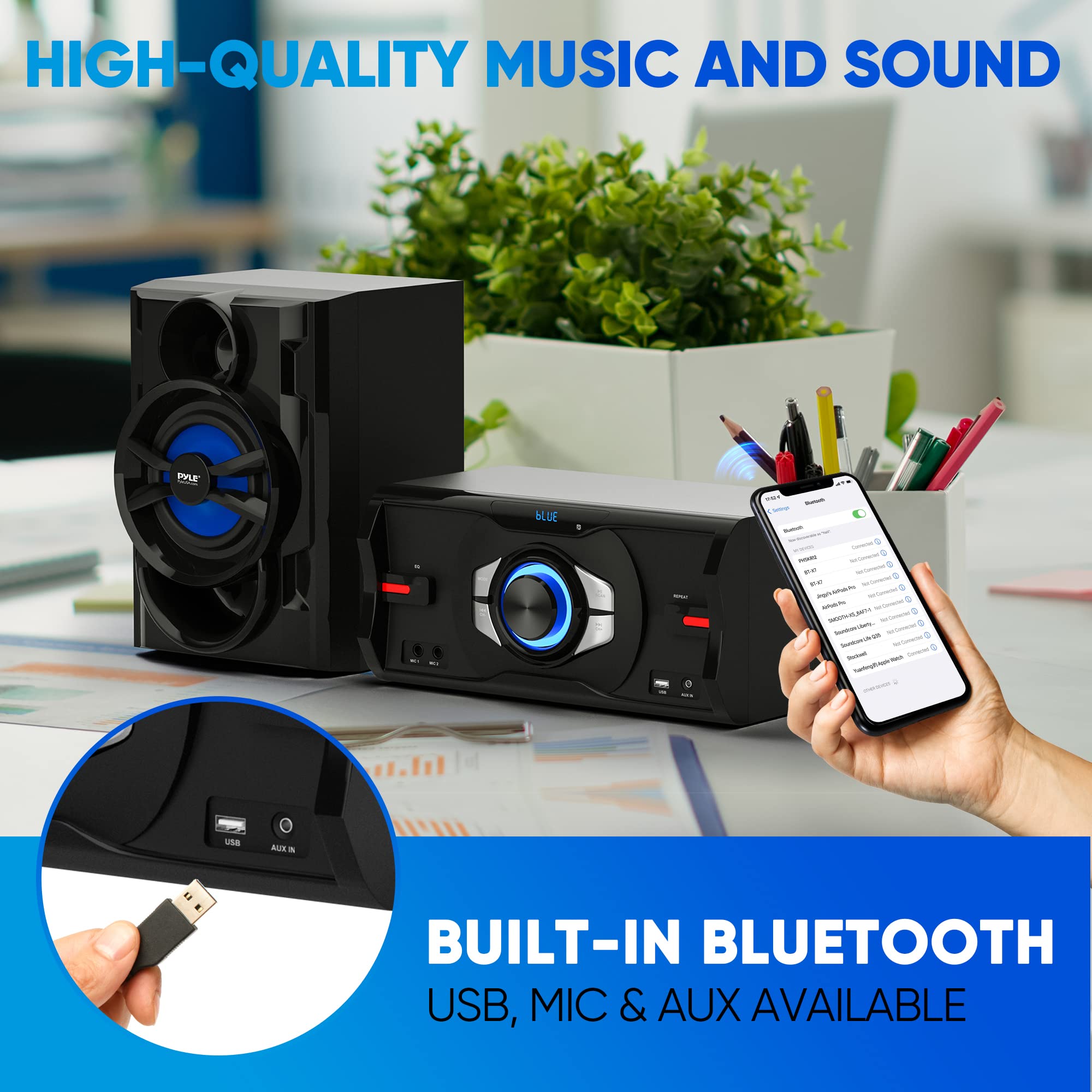 PyleUsa Wireless Bluetooth Stereo Boombox Radio Shelf Mini System - 500 Watt Max Power, Sleek Design for Home with MP3, USB, FM, Aux/2 mic Inputs, EQ, and Remote Control - PHSKR12