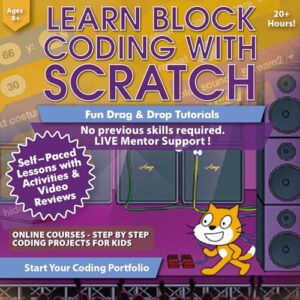 scratch coding for kids 8-12 course: learn to code - custom block coding projects and games - computer programming for beginners - scratch coding curriculum (pc, mac, chromebook compatible)