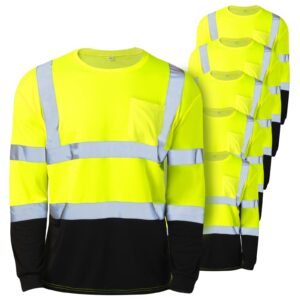 zhanmai 6 pack high visibility shirts class 3 reflective safety hi vis shirt long sleeve wicking safety shirt with pocket (yellow)
