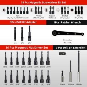 AKM TOOL 41Pcs Magnetic Nut Driver Set, 1/4" Quick-Change Hex Shank | SAE & Metric | Cr-V Steel, Magnetic Screwdriver Bit Set W/Drill Bit Extension & Drill Bit Adapter