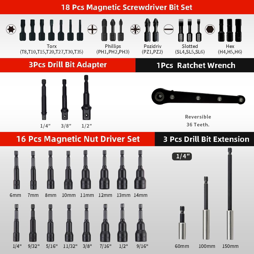 AKM TOOL 41Pcs Magnetic Nut Driver Set, 1/4" Quick-Change Hex Shank | SAE & Metric | Cr-V Steel, Magnetic Screwdriver Bit Set W/Drill Bit Extension & Drill Bit Adapter