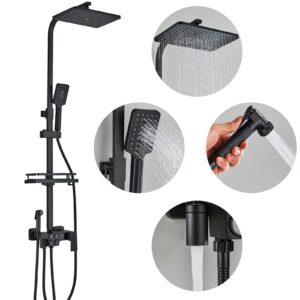 gmusre wall-mounted bathroom shower system matte black shower faucet fixture with rainfall shower handheld shower, tub spout temperature display shower faucet set include shower shelf
