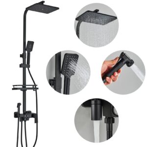 Gmusre Wall-Mounted Bathroom Shower System Matte Black Shower Faucet Fixture with Rainfall Shower Handheld Shower, Tub Spout Temperature Display Shower Faucet Set include Shower Shelf