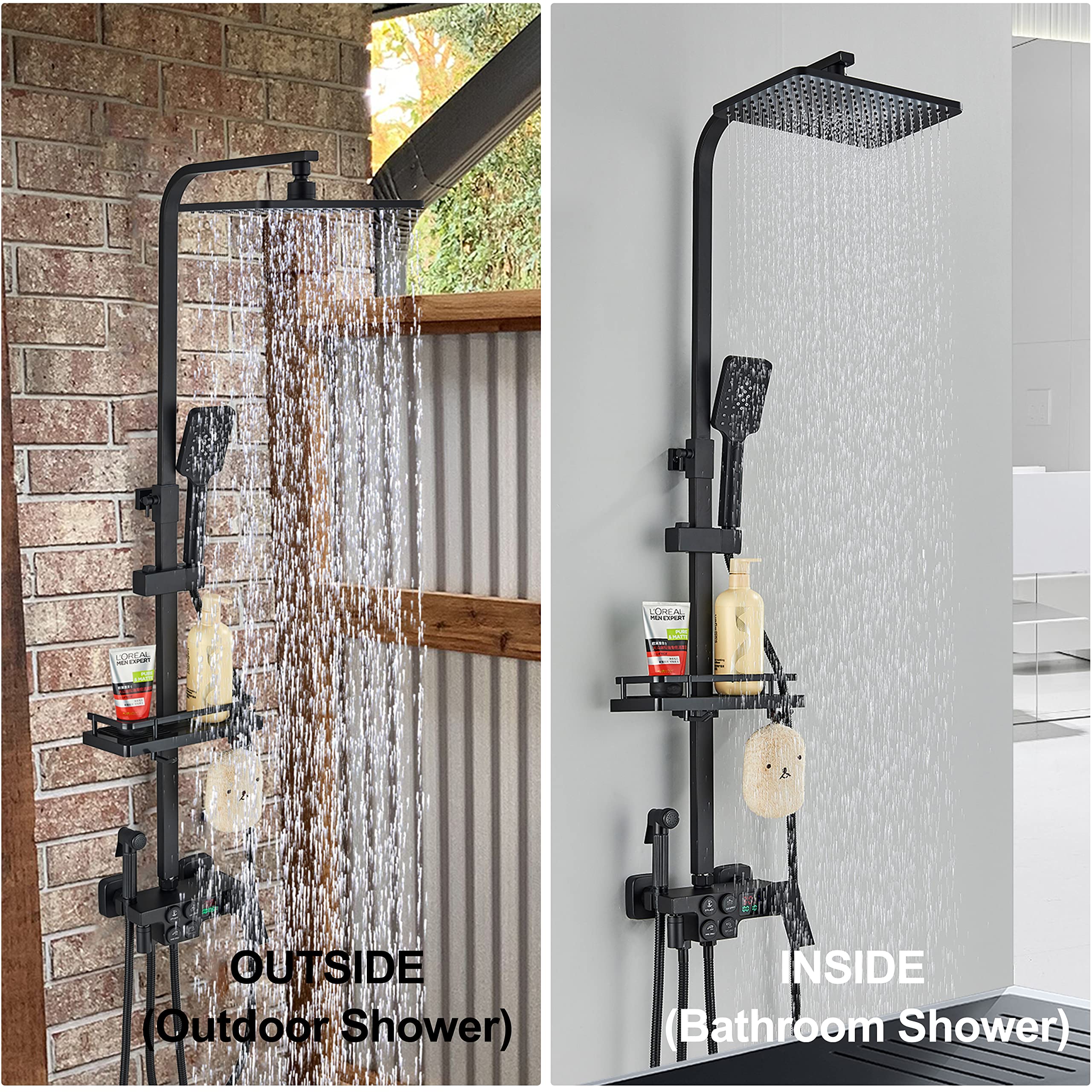 Gmusre Wall-Mounted Bathroom Shower System Matte Black Shower Faucet Fixture with Rainfall Shower Handheld Shower, Tub Spout Temperature Display Shower Faucet Set include Shower Shelf