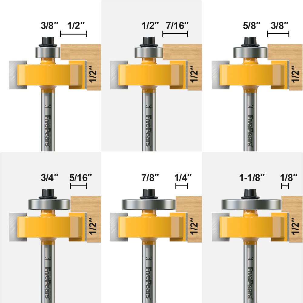 Fivepears 1/4 Inch Shank Rabbet Router Bit with 6 Bearings Set, Rabbeting Router Bit can Interchangeable and Adjustable Multi Depths Cutter 1/8", 1/4", 5/16", 3/8", 7/16", 1/2" …