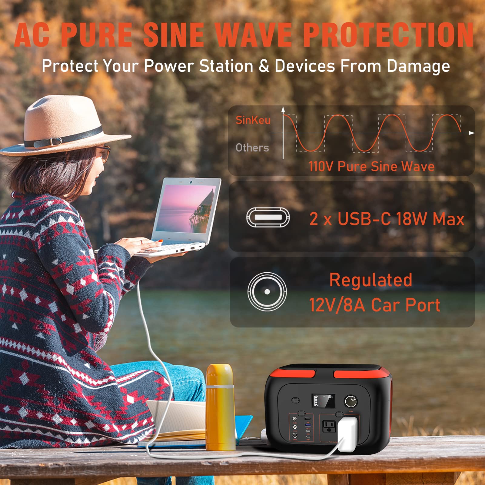 SinKeu Portable Power Station G600, 296Wh 600W Backup Lithium Battery Pack Bank, 110V Pure Sine Wave AC Outlet Solar Generator for Camping Emergency RV Outdoor (Solar Panel Not Included)