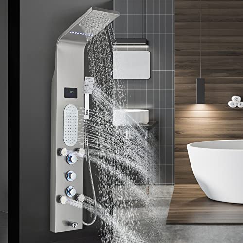 LED Shower Panel Tower System Wall-Mounted Complete Shower Column with Rain Massage Full Body shower Jets Tub Spout Handheld Shower, Brushed Nickel…