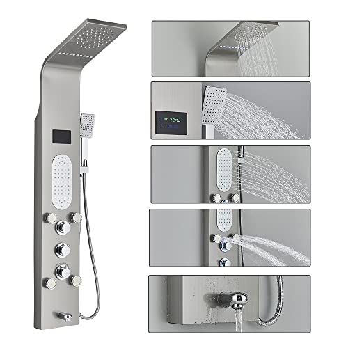 LED Shower Panel Tower System Wall-Mounted Complete Shower Column with Rain Massage Full Body shower Jets Tub Spout Handheld Shower, Brushed Nickel…