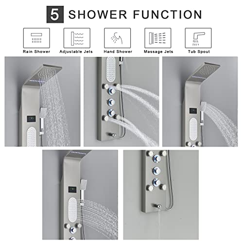 LED Shower Panel Tower System Wall-Mounted Complete Shower Column with Rain Massage Full Body shower Jets Tub Spout Handheld Shower, Brushed Nickel…