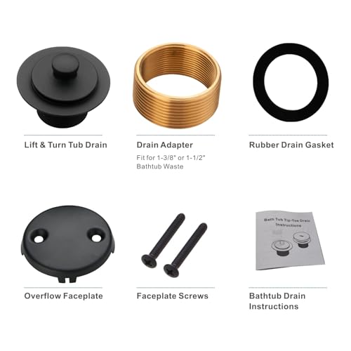 Black tub Drain Lift &Turn Tub Trim Set with Two-Hole Overflow Faceplate Conversion Kit Assembly, Hidrop Bathtub Drain Replacement Trim Kit and Universal Fine/Coarse Thread, Matte Black