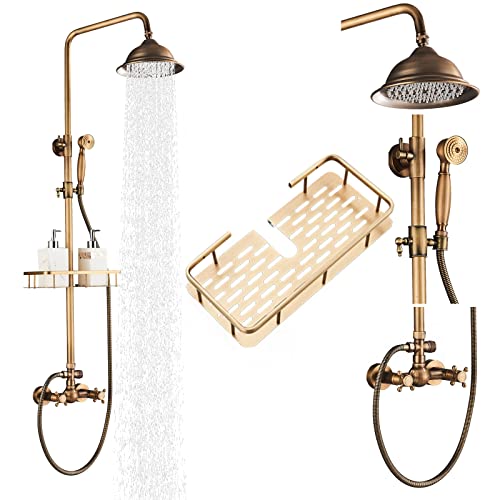 Gmusre Antique Brass Shower Faucet Fixture Wall Mount Brass Rainfall Shower Set 8 Inch Shower Head Dual Cross Handheld Shower Bathroom Shower Faucet System include Shower Shelf