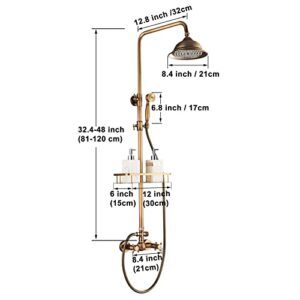 Gmusre Antique Brass Shower Faucet Fixture Wall Mount Brass Rainfall Shower Set 8 Inch Shower Head Dual Cross Handheld Shower Bathroom Shower Faucet System include Shower Shelf