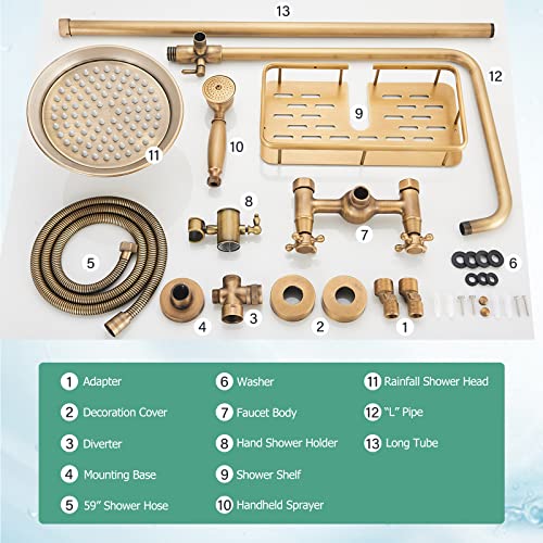 Gmusre Antique Brass Shower Faucet Fixture Wall Mount Brass Rainfall Shower Set 8 Inch Shower Head Dual Cross Handheld Shower Bathroom Shower Faucet System include Shower Shelf