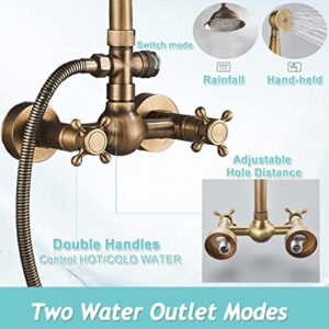 Gmusre Antique Brass Shower Faucet Fixture Wall Mount Brass Rainfall Shower Set 8 Inch Shower Head Dual Cross Handheld Shower Bathroom Shower Faucet System include Shower Shelf