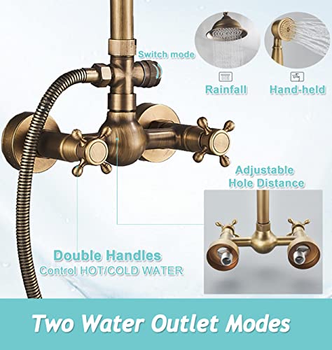 Gmusre Antique Brass Shower Faucet Fixture Wall Mount Brass Rainfall Shower Set 8 Inch Shower Head Dual Cross Handheld Shower Bathroom Shower Faucet System include Shower Shelf