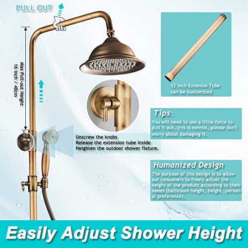 Gmusre Antique Brass Shower Faucet Fixture Wall Mount Brass Rainfall Shower Set 8 Inch Shower Head Dual Cross Handheld Shower Bathroom Shower Faucet System include Shower Shelf