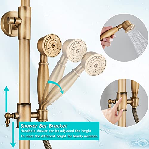 Gmusre Antique Brass Shower Faucet Fixture Wall Mount Brass Rainfall Shower Set 8 Inch Shower Head Dual Cross Handheld Shower Bathroom Shower Faucet System include Shower Shelf