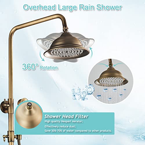 Gmusre Antique Brass Shower Faucet Fixture Wall Mount Brass Rainfall Shower Set 8 Inch Shower Head Dual Cross Handheld Shower Bathroom Shower Faucet System include Shower Shelf