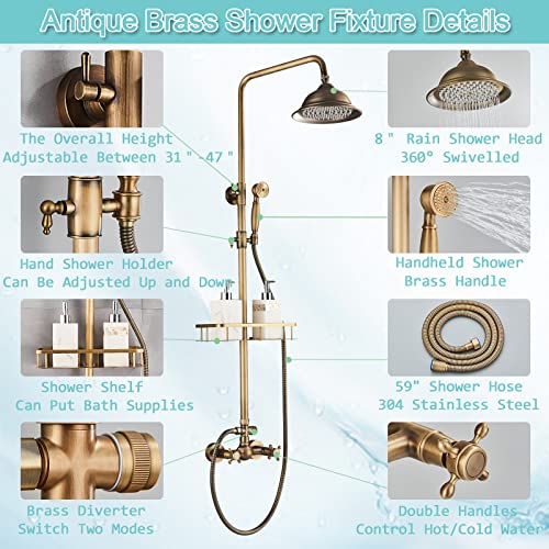 Gmusre Antique Brass Shower Faucet Fixture Wall Mount Brass Rainfall Shower Set 8 Inch Shower Head Dual Cross Handheld Shower Bathroom Shower Faucet System include Shower Shelf