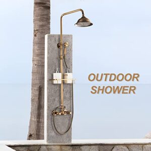 Gmusre Antique Brass Shower Faucet Fixture Wall Mount Brass Rainfall Shower Set 8 Inch Shower Head Dual Cross Handheld Shower Bathroom Shower Faucet System include Shower Shelf